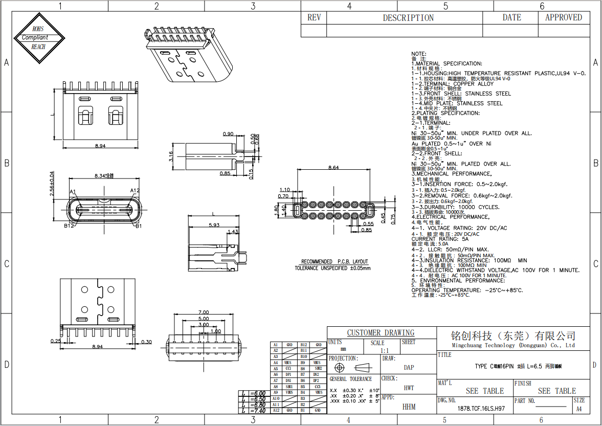 1878.TCF.16LS.H97 TYPE C母座16PIN 立插 L=6.5 两脚插板-模型.png